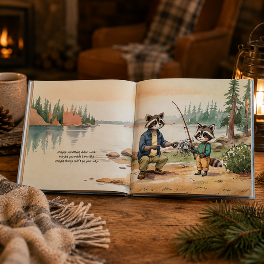 An open illustrated children's book showing two raccoons fishing by a lake, styled on a wooden table with a blanket, mug, lantern, and pine branches in a cozy indoor setting.