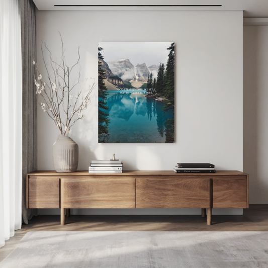 Modern living room with wooden console table and mountain landscape artwork