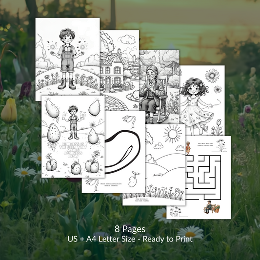 Set of black and white illustrations on a grassy background with text indicating 8 pages and letter size.