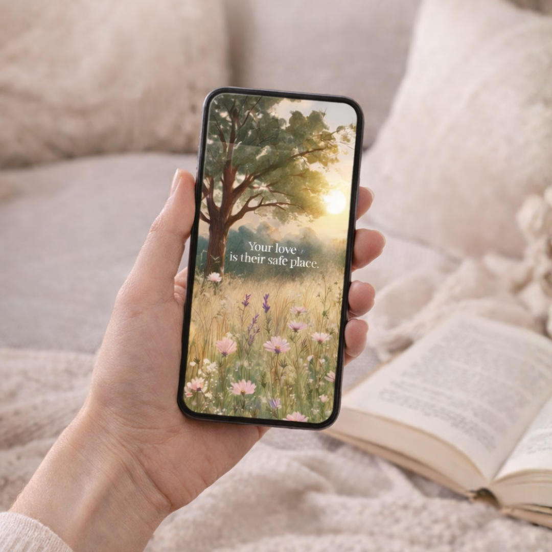 Hand holding a phone with a scenic wallpaper of a tree and flowers, sitting on a couch.