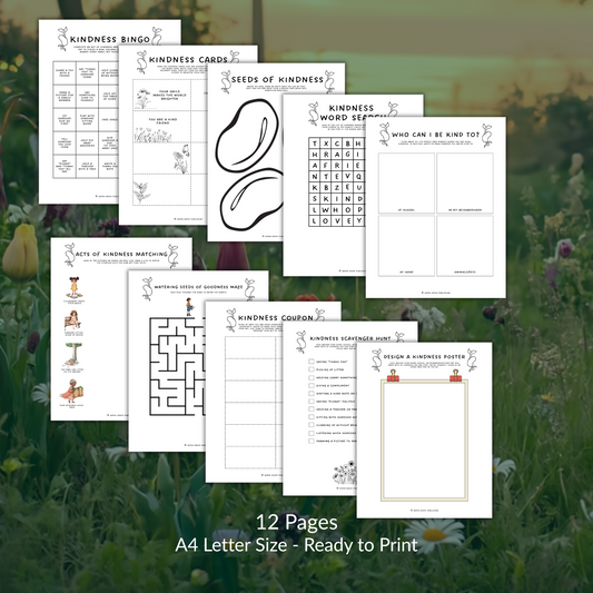 Collection of kindness-themed worksheets on a grassy background