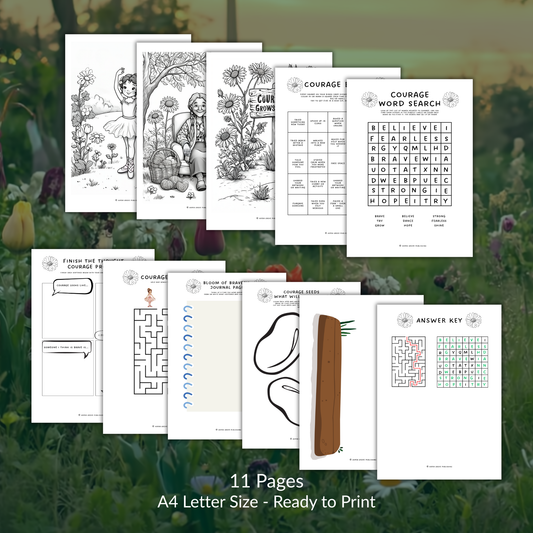 Collection of educational worksheets with a nature-themed background