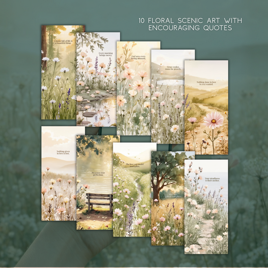 Collection of 10 floral scenic art prints with encouraging quotes on a green background.