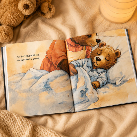 Illustrated book with two teddy bears in bed on a soft surface