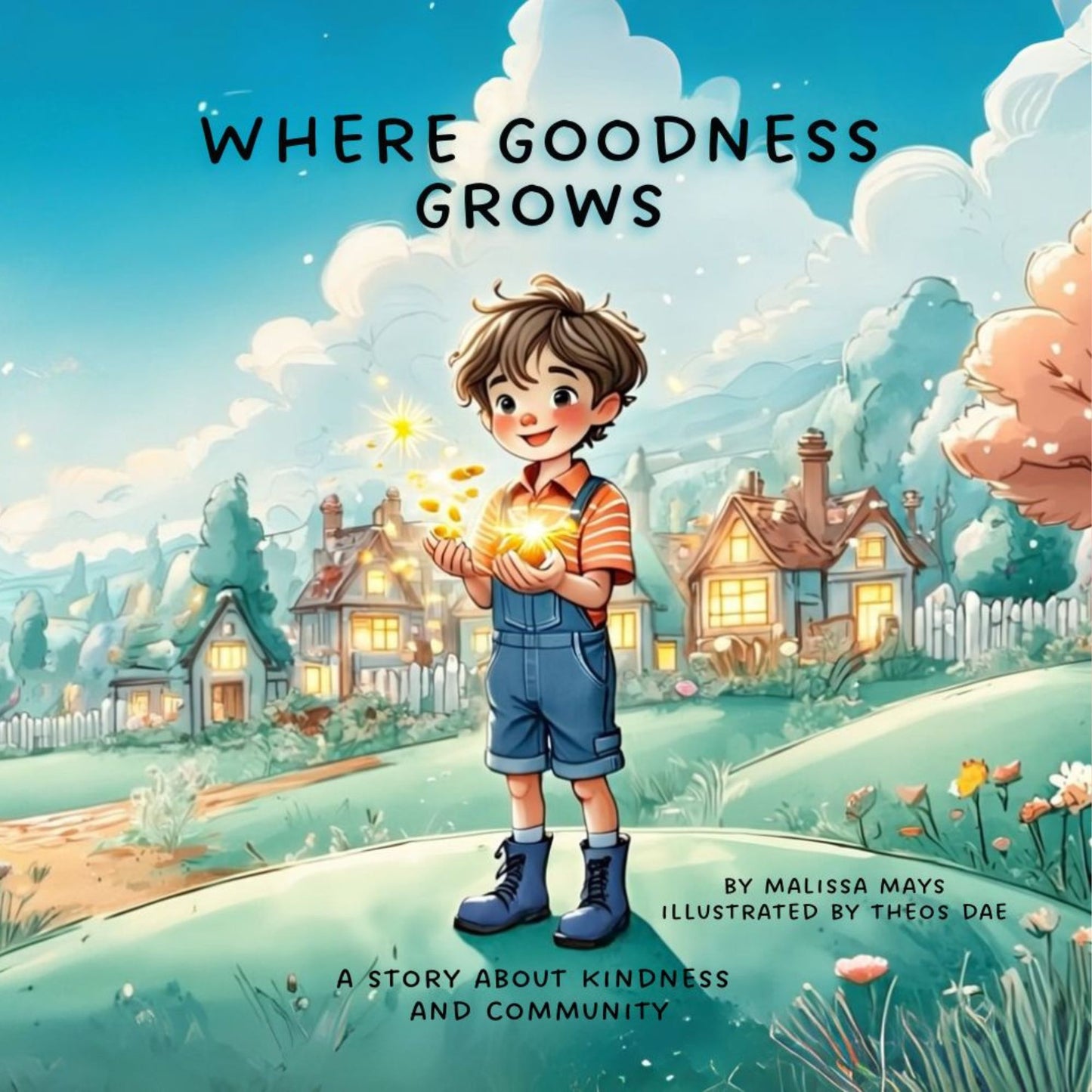 Book cover of 'Where Goodness Grows' with a boy holding a light bulb in a village setting.