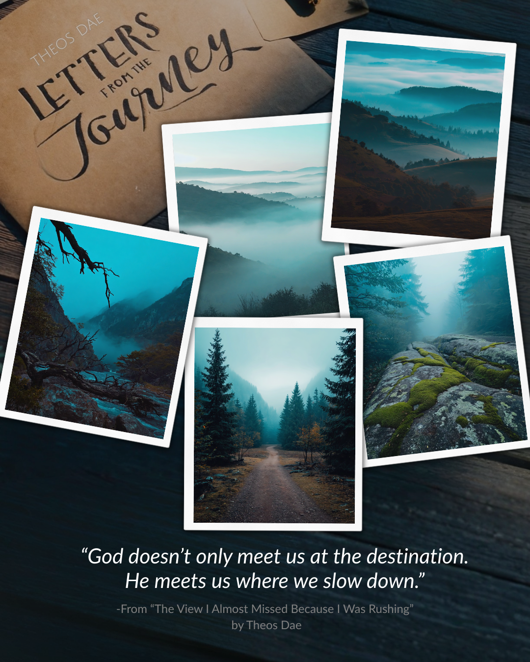 A collage of outdoor pictures from a journey to self discovery and God from Theos Dae