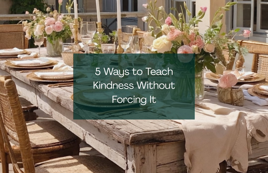 A shabby chic dinner place setting outdoors with a blog title on it.