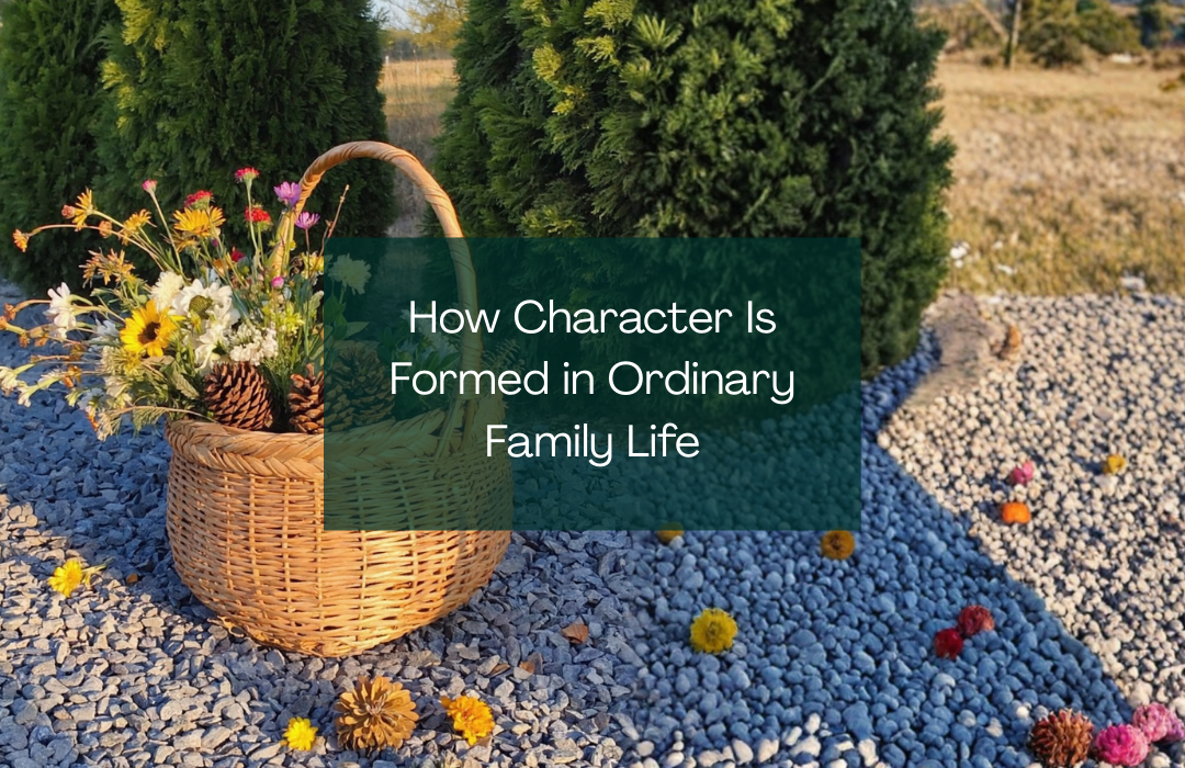 A basket of flowers and pinecones with a blog title over it.