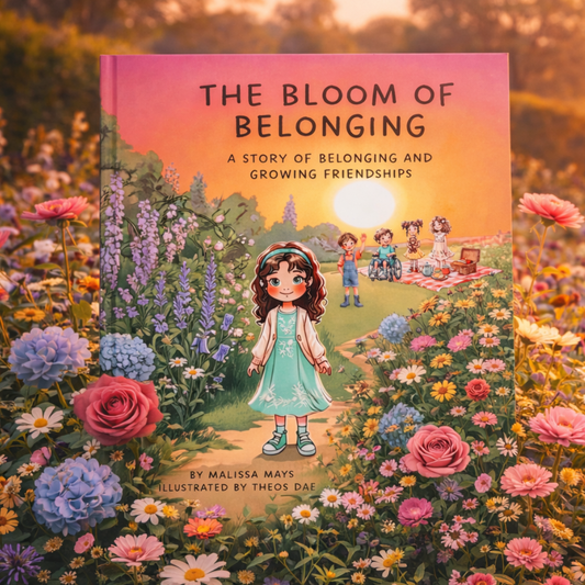 The Bloom of Belonging book in a flower garden.