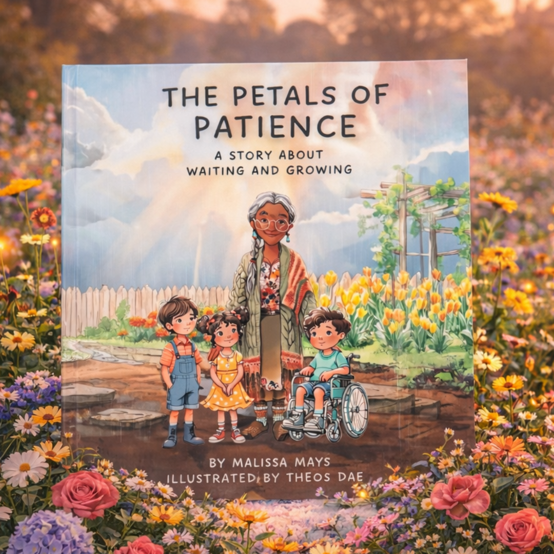 A children's book, The Petals of Patience sitting in a flower garden.
