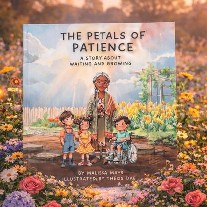A children's book, The Petals of Patience sitting in a flower garden.