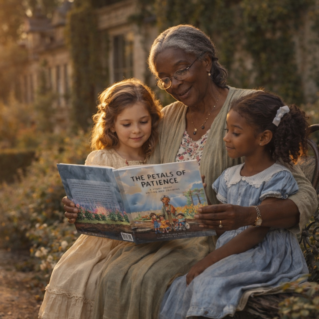 A grandma reading to two little girls.  She is reading The Petals of Patience.