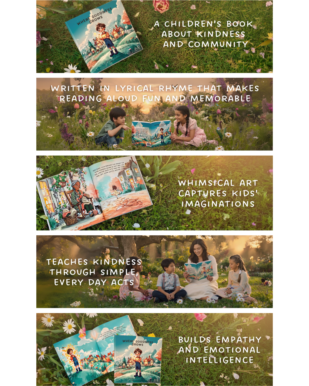 Children's book about kindness and community with text overlay on a grassy background