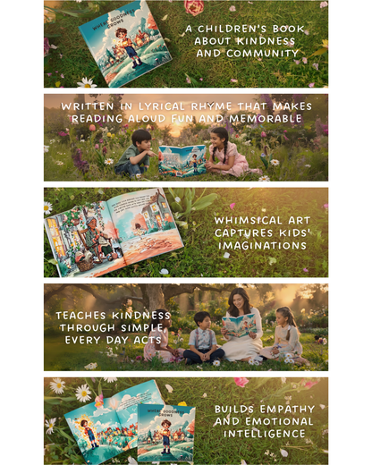 Children's book about kindness and community with text overlay on a grassy background