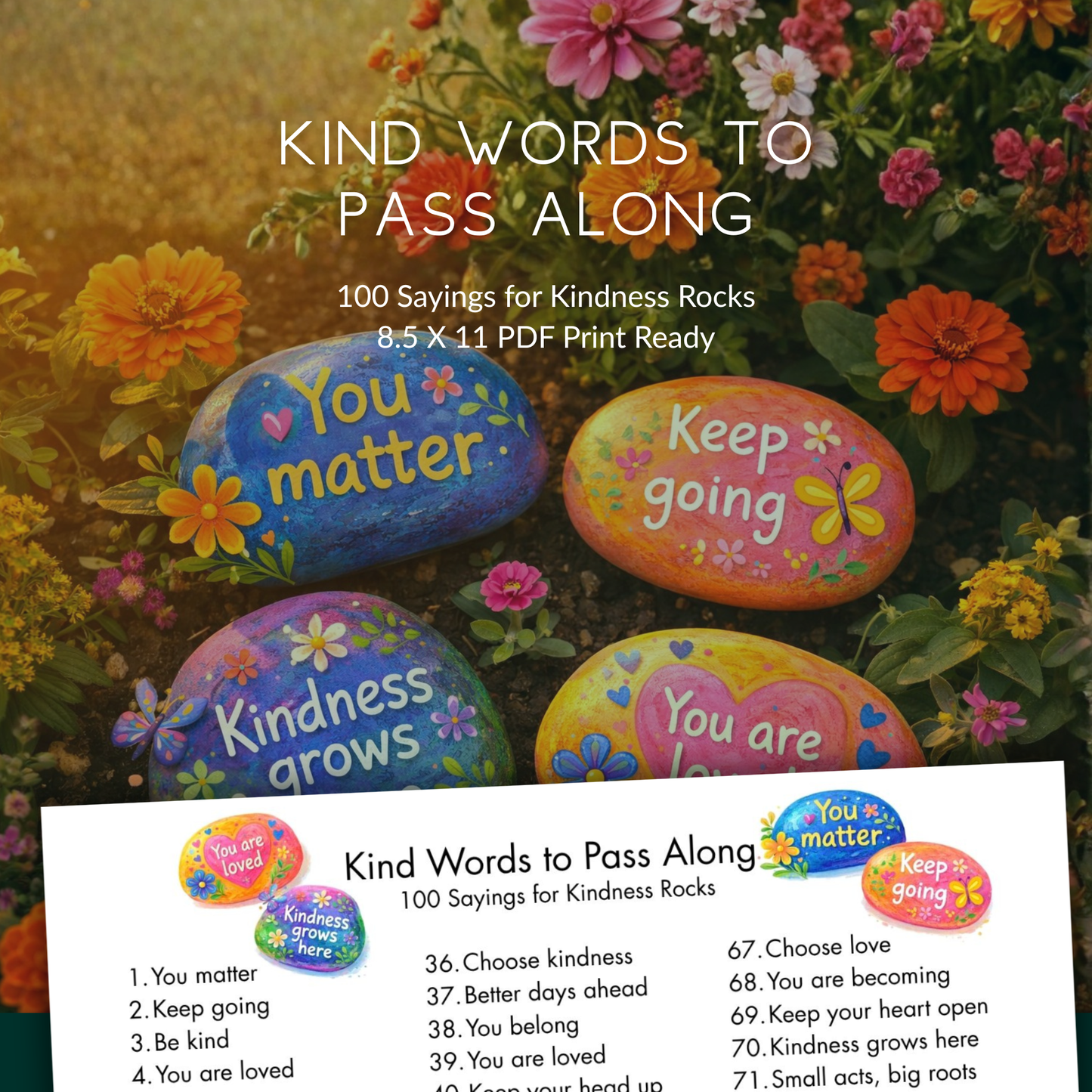 Kind Words to Pass Along - 100 Sayings for Kindness Rocks - Printable PDF
