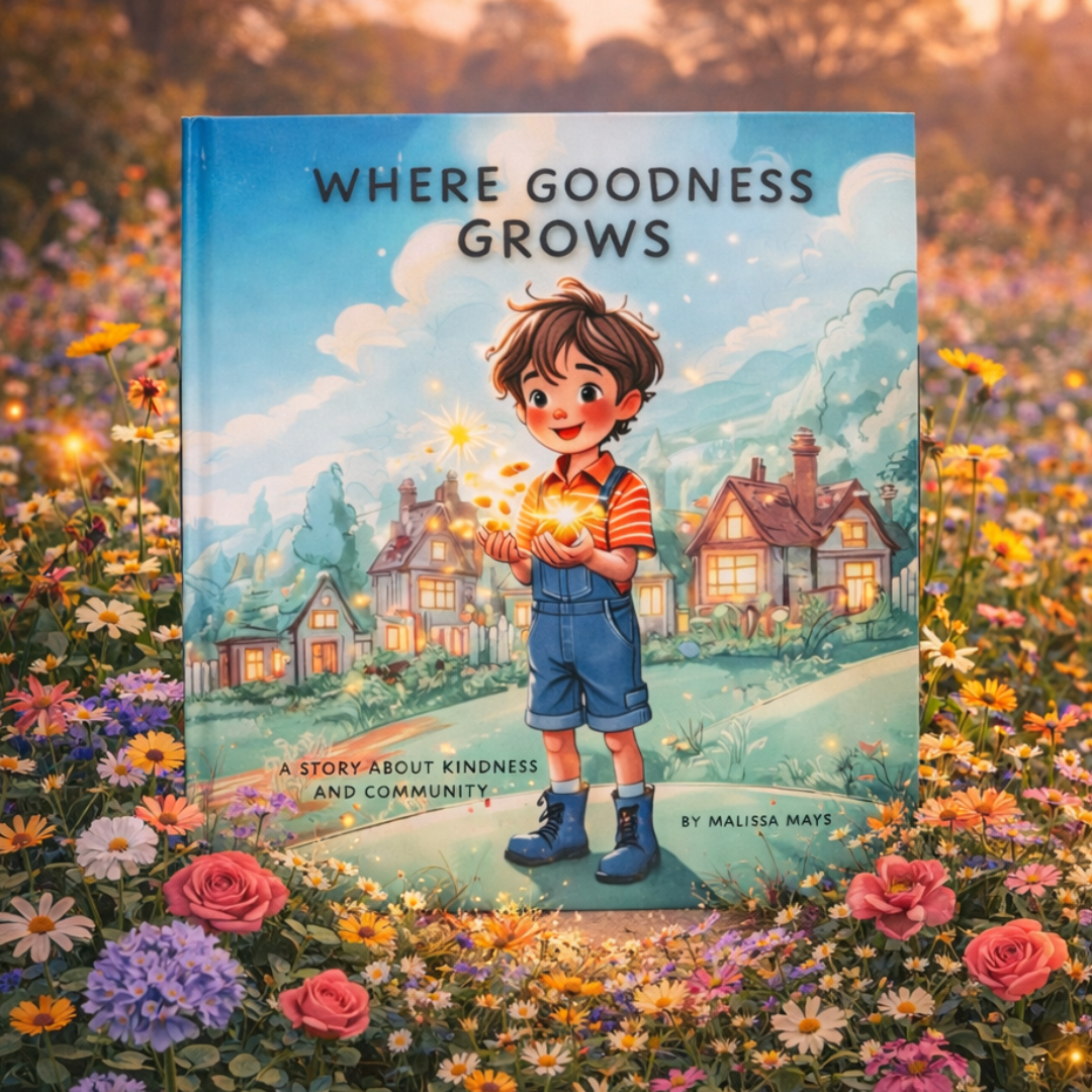Book titled 'Where Goodness Grows' with a boy holding a light bulb in a garden setting.