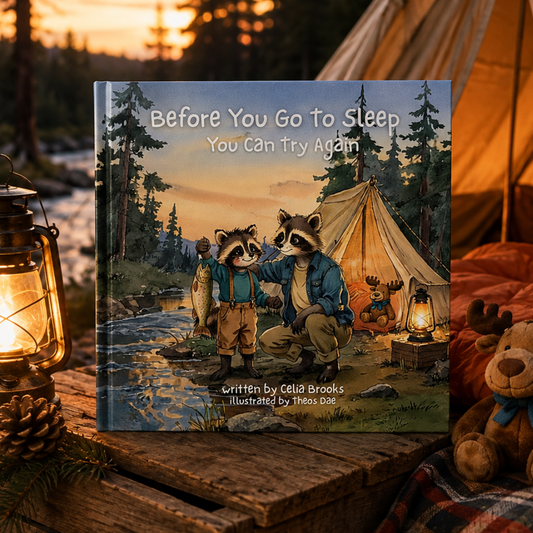 A children's book titled "Before You Go to Sleep You Can Try Again" standing upright on a wooden surface outdoors at sunset, surrounded by lanterns, a tent, pinecones, and a stuffed toy. The cover shows two raccoon characters by a campfire with a tent and trees in the background.
