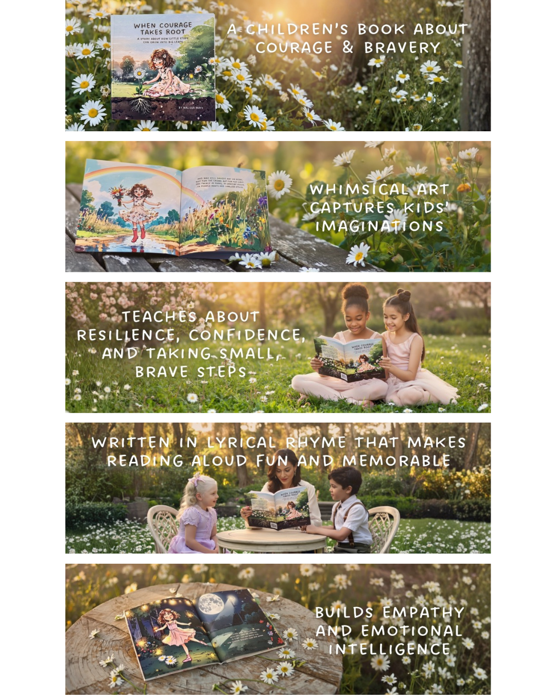 Children's book about courage and bravery with images of children reading and enjoying the book outdoors.