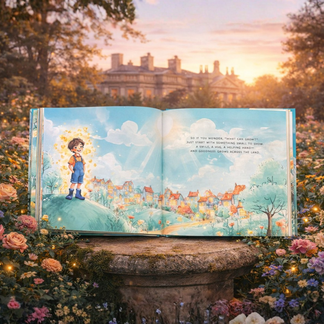 Open book with a colorful illustration of a child and a town, placed on a stone pedestal in a garden setting.