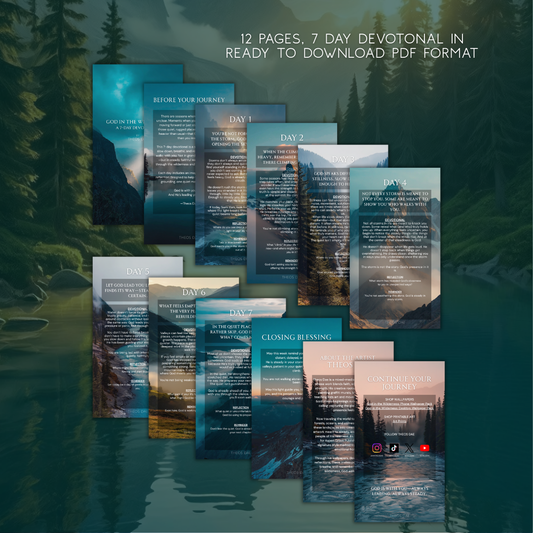 12-page devotional with nature-themed covers on a forest background