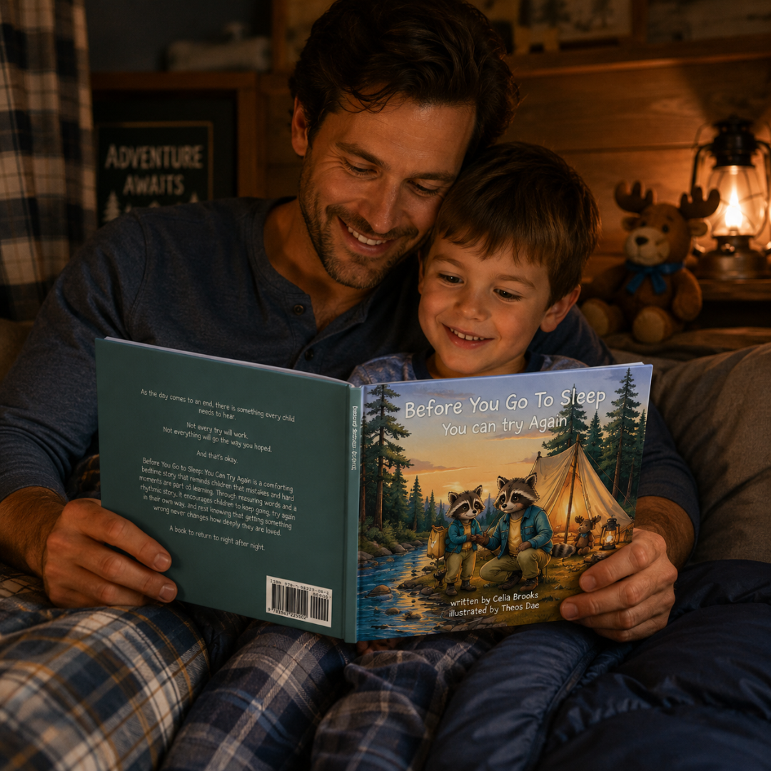 A father and son are lying in bed together, smiling as they read a custom children's book titled 'Before You Go To Sleep You can try Again.' The book cover features a colorful illustration of three bears by a campfire next to a tent and river.