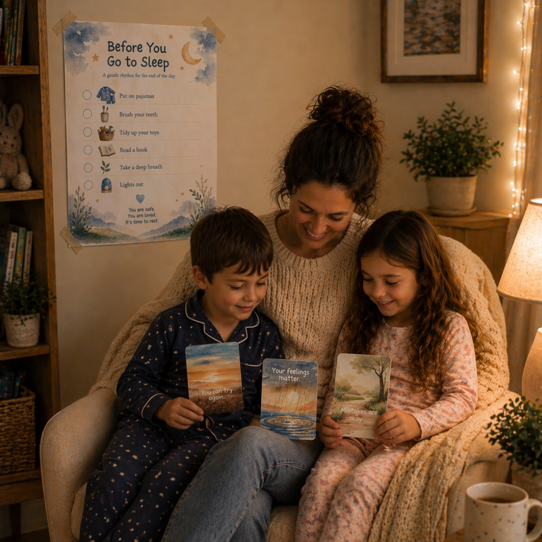 Bedtime Routine Chart + 12 Affirmation Cards for Kids Printable