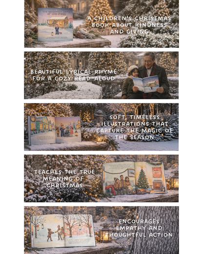 Promotional collage of a children's Christmas book with text about its themes and features.