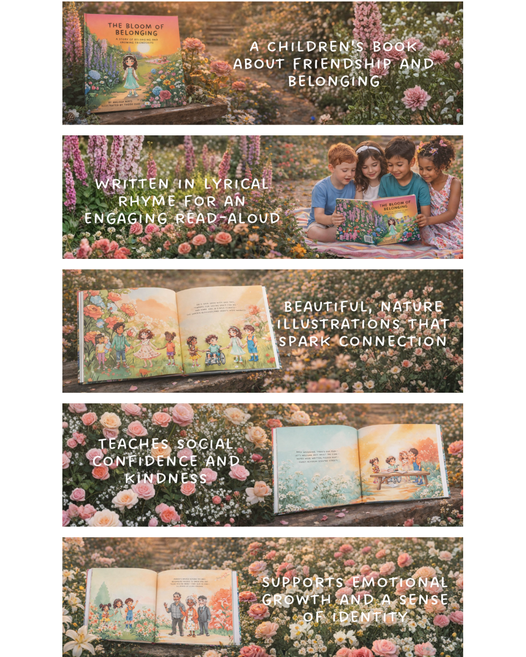Promotional material for a children's book about friendship and belonging, featuring text and images of children reading and interacting with nature.
