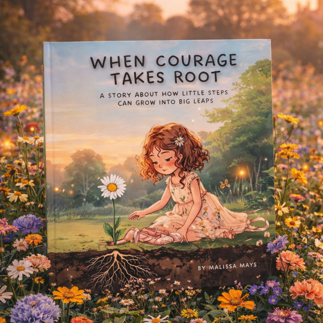 Book titled 'When Courage Takes Root' surrounded by flowers