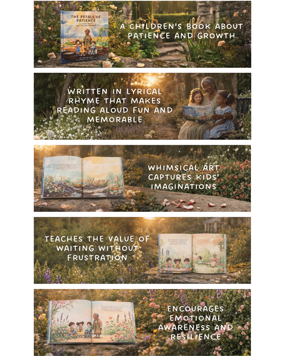 Promotional graphic for a children's book about patience and growth, featuring text and images of a family reading outdoors.