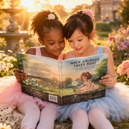 Two young girls reading a book titled 'When Courage Takes Root' in a garden setting.
