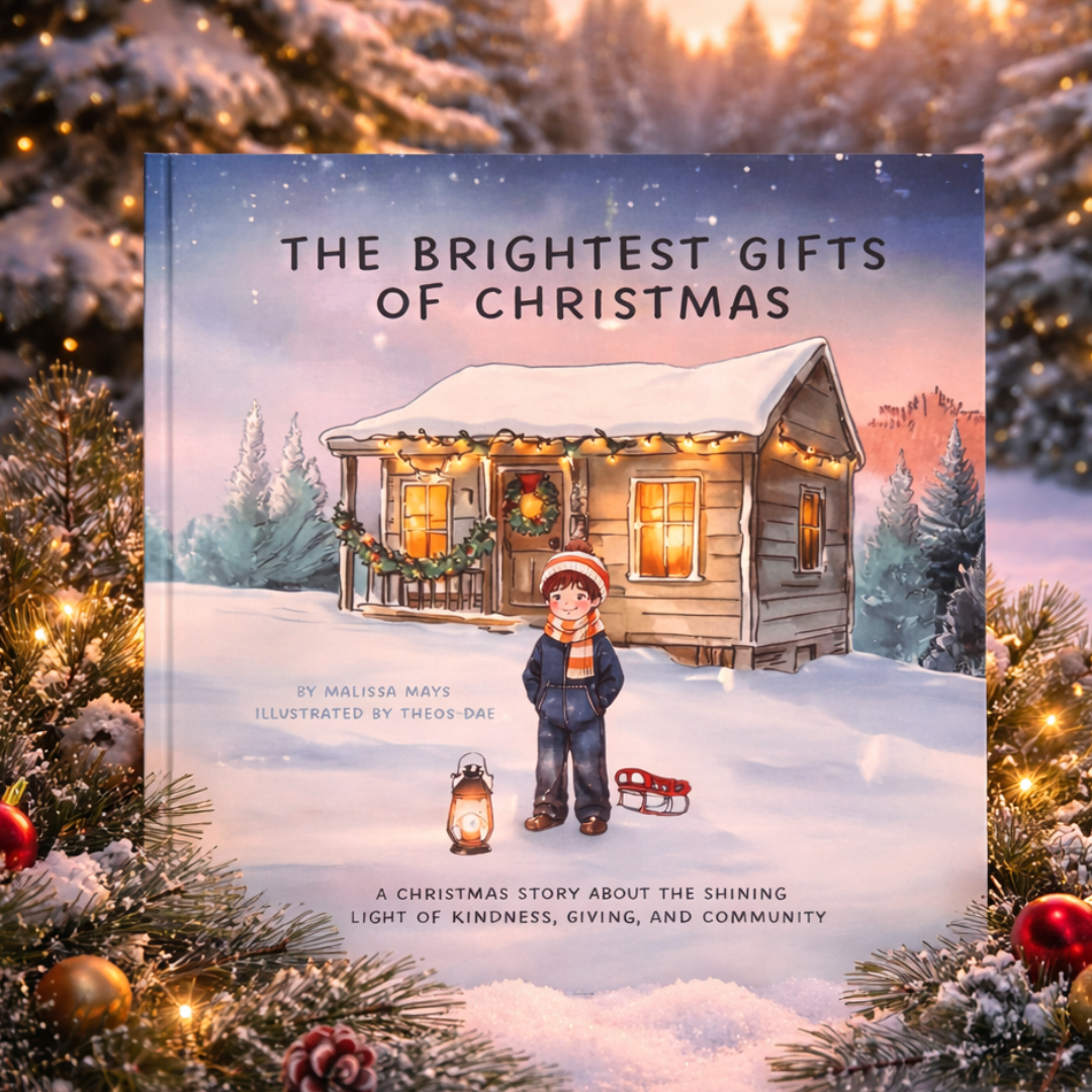 A children's book, The Brightest Gifts of Christmas surrounded by Christmas decor.