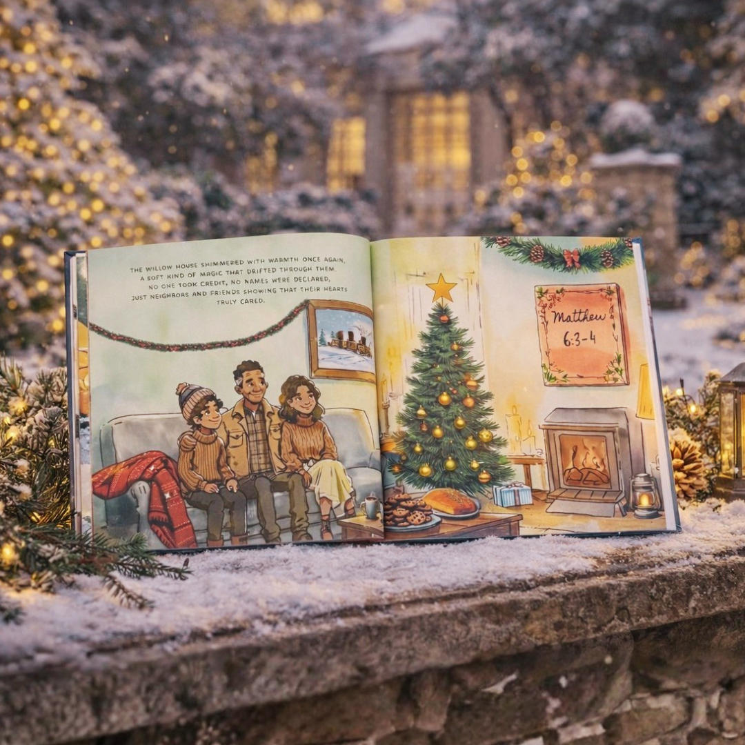 An open book of The Brightest Gifts of Christmas.