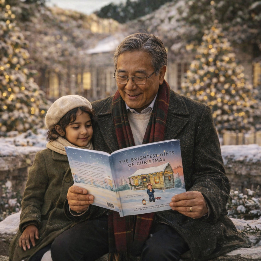A grandpa reading a book to a little girl.  He is reading The Brightest Gifts of Christmas.