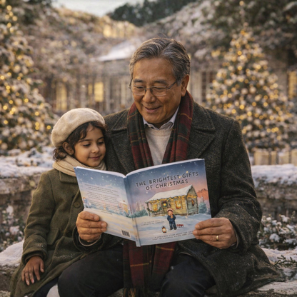 A grandpa reading a book to a little girl.  He is reading The Brightest Gifts of Christmas.