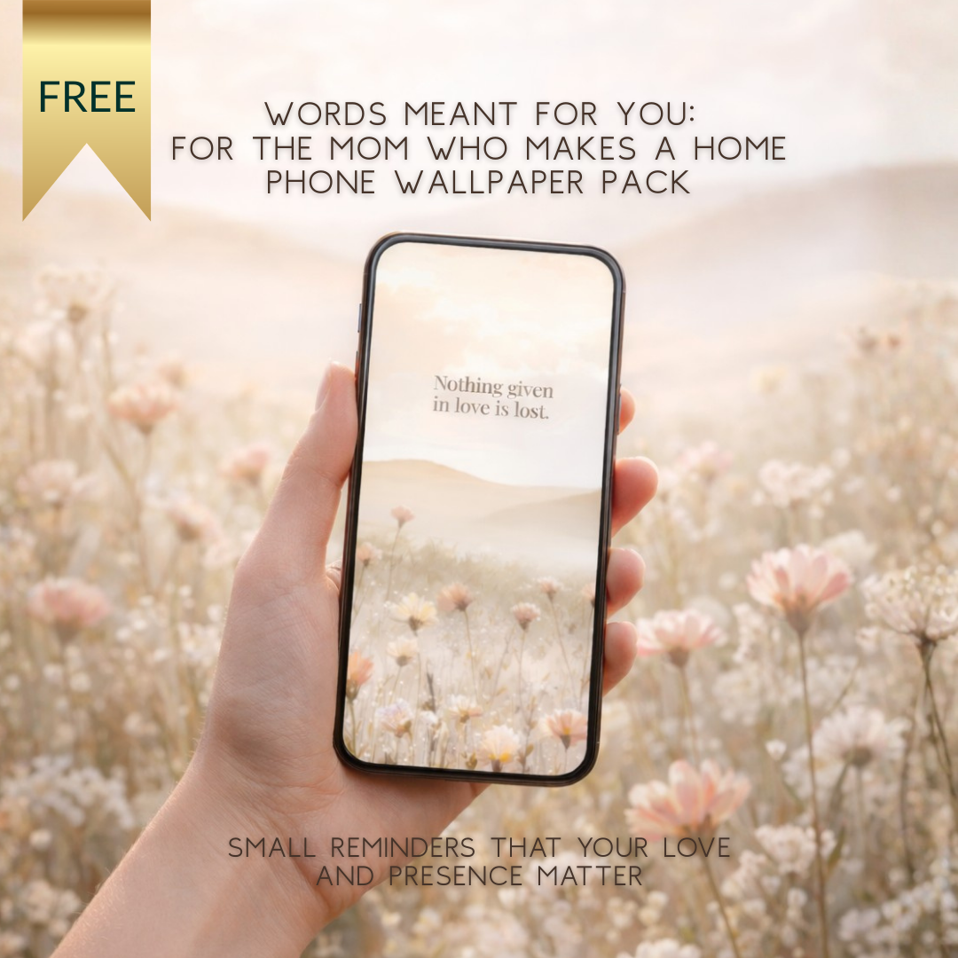 Hand holding a phone with a wallpaper pack featuring nature-themed quotes, set against a blurred floral background.