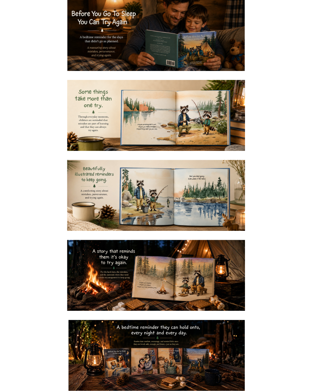 A vertical collage showing five different cozy book-themed scenes, each featuring an open children's book with illustrated pages and surrounding warm home decor like a fireplace, campfire, lantern, and plush toy. The collage appears to showcase multiple views or uses of the same book product in a styled setting.