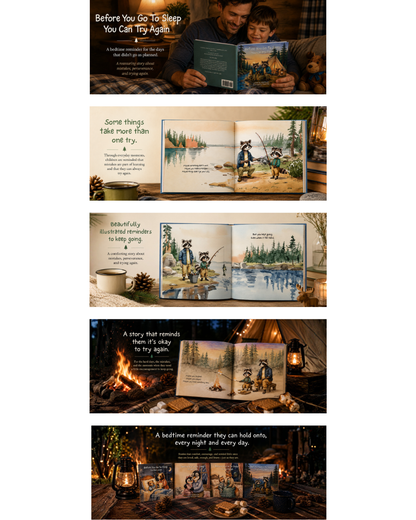 A vertical collage showing five different cozy book-themed scenes, each featuring an open children's book with illustrated pages and surrounding warm home decor like a fireplace, campfire, lantern, and plush toy. The collage appears to showcase multiple views or uses of the same book product in a styled setting.
