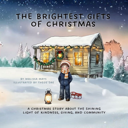 Book cover of 'The Brightest Gifts of Christmas' with a snowy scene, house, and child holding a lantern.