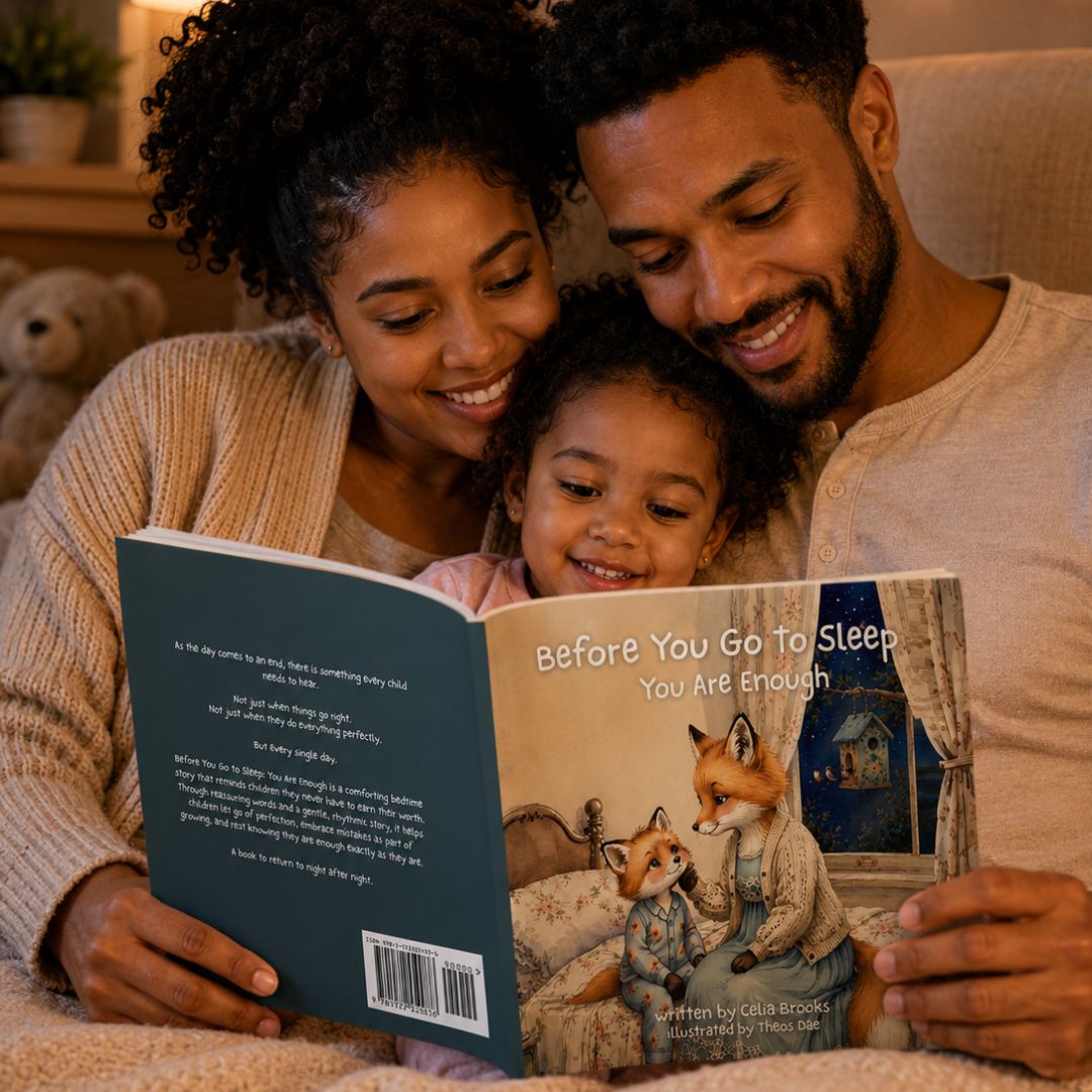 Family reading the best children's bedtime story - Before You Go To Sleep - You Are Enough by Celia Brooks