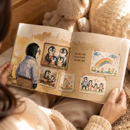 Person holding a book with illustrations of penguins and a rainbow, surrounded by soft lighting.